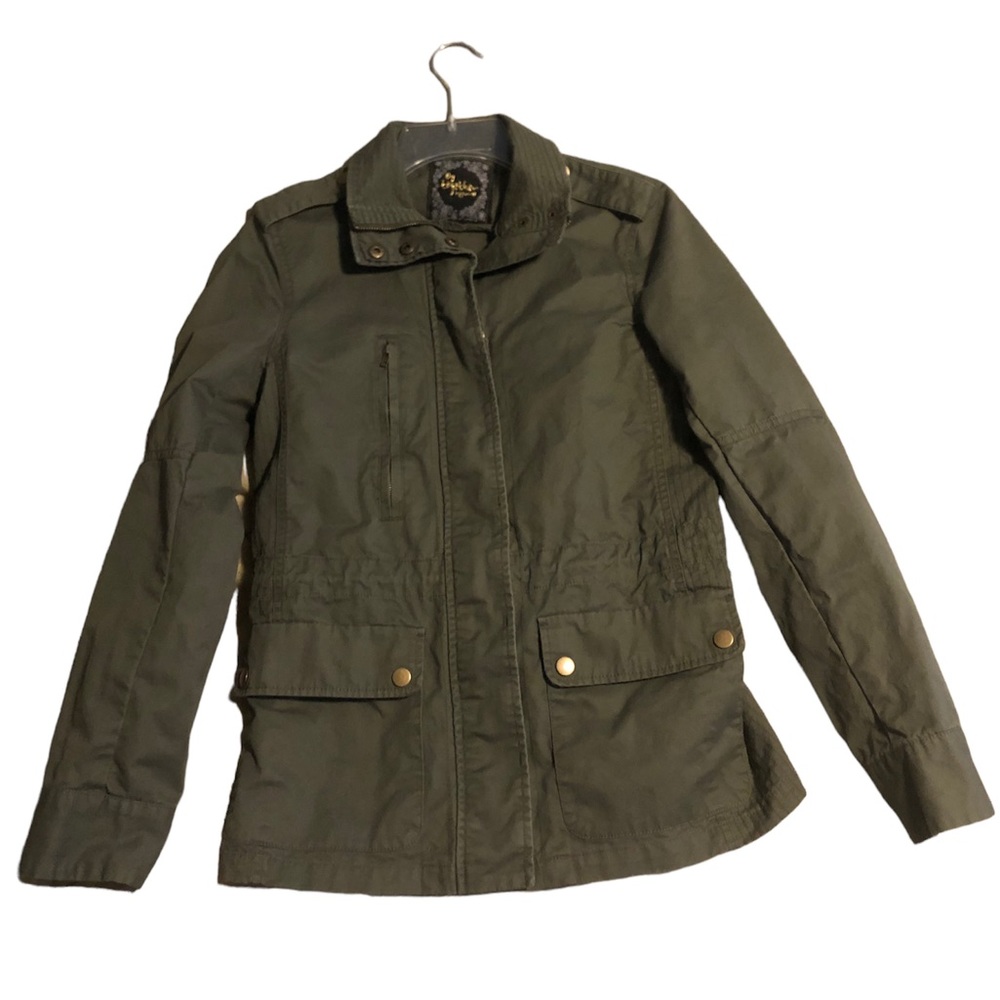 By together Small khaki green army jacket, small, button/zipper, cinch waist